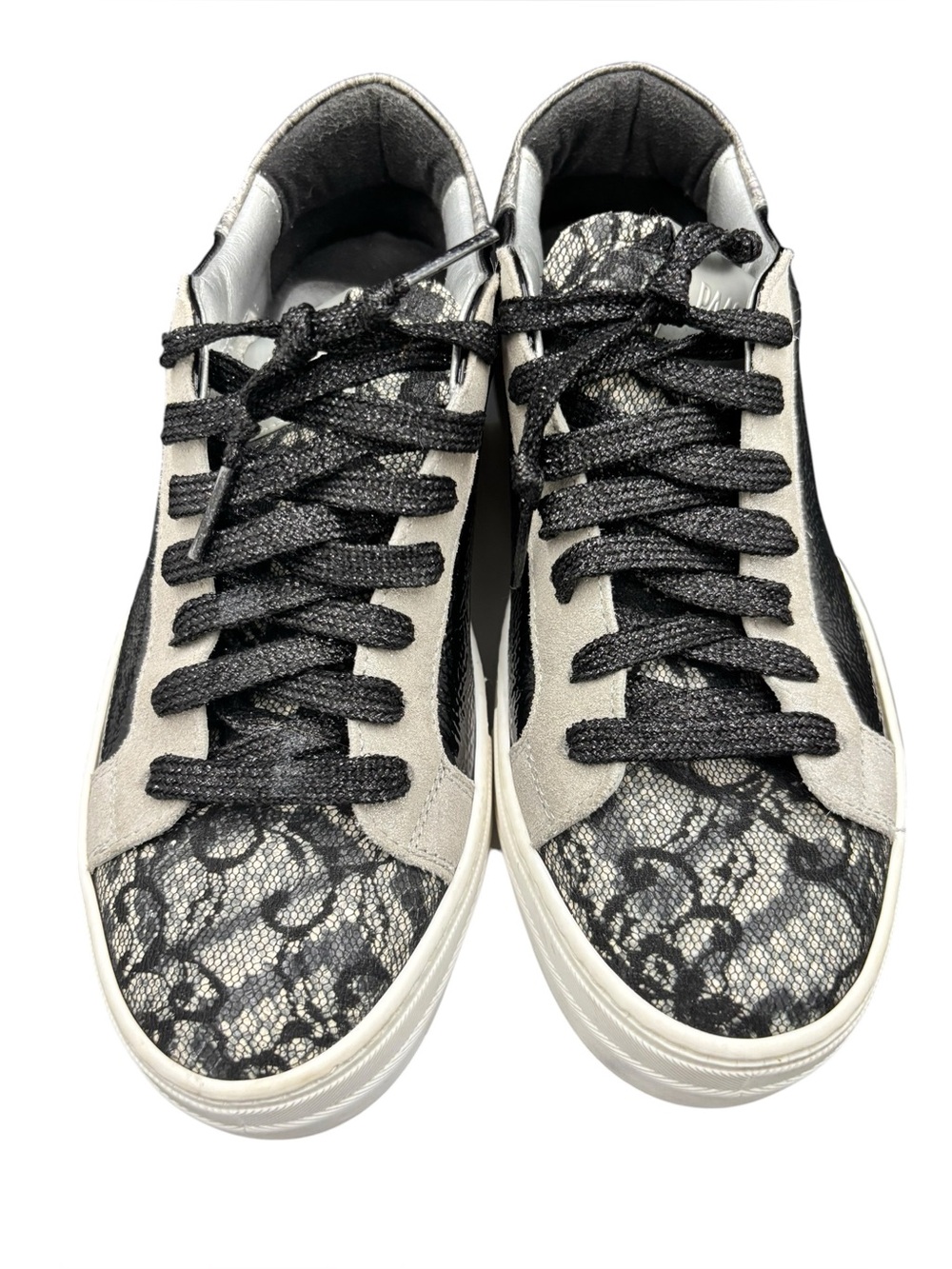 P448 Black Lace & Metallic Silver Low Top Sneakers Size EU 39
